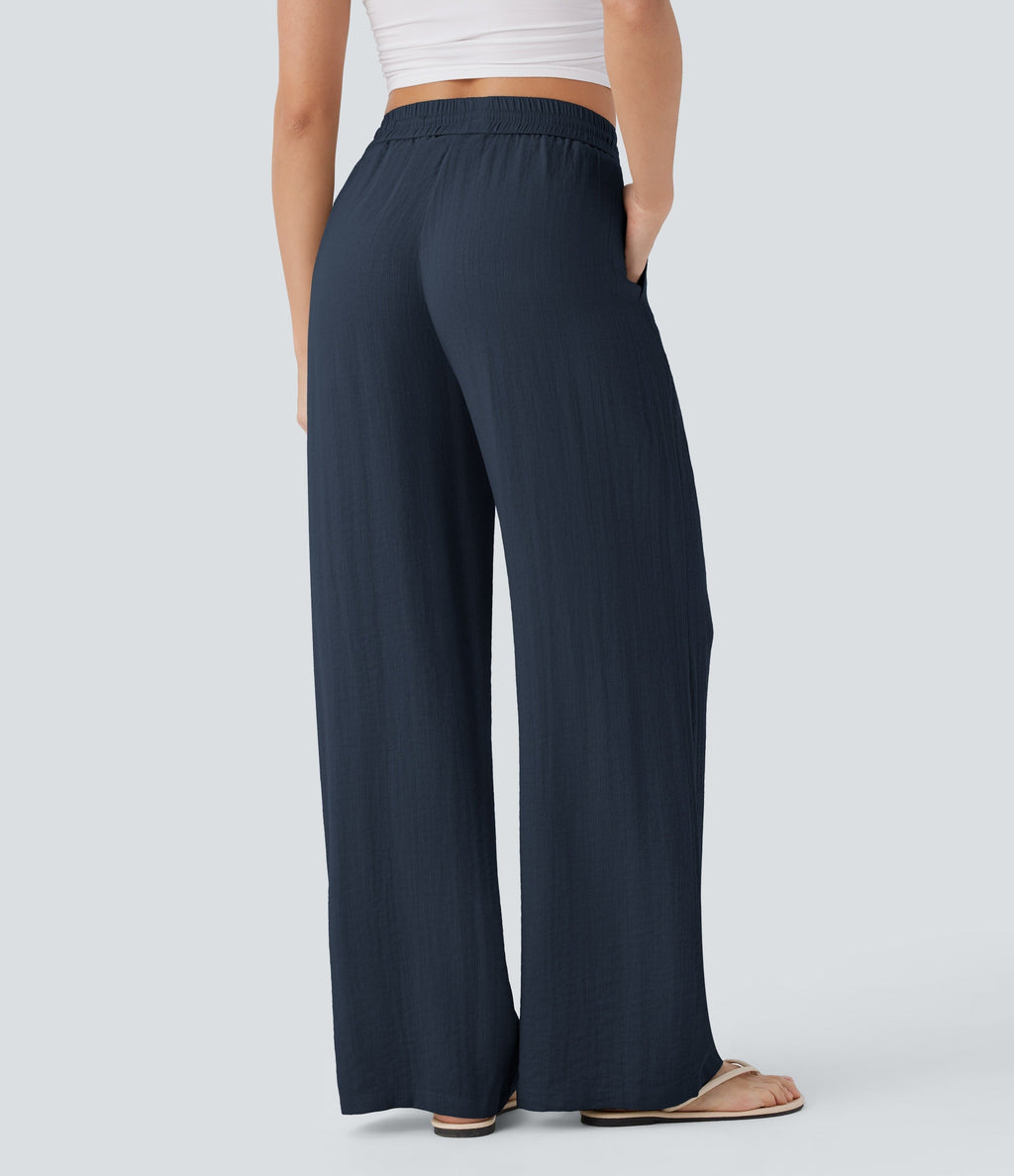2026🔥 High Waisted Drawstring Pocket Wide Leg Casual Linen-Feel Pants