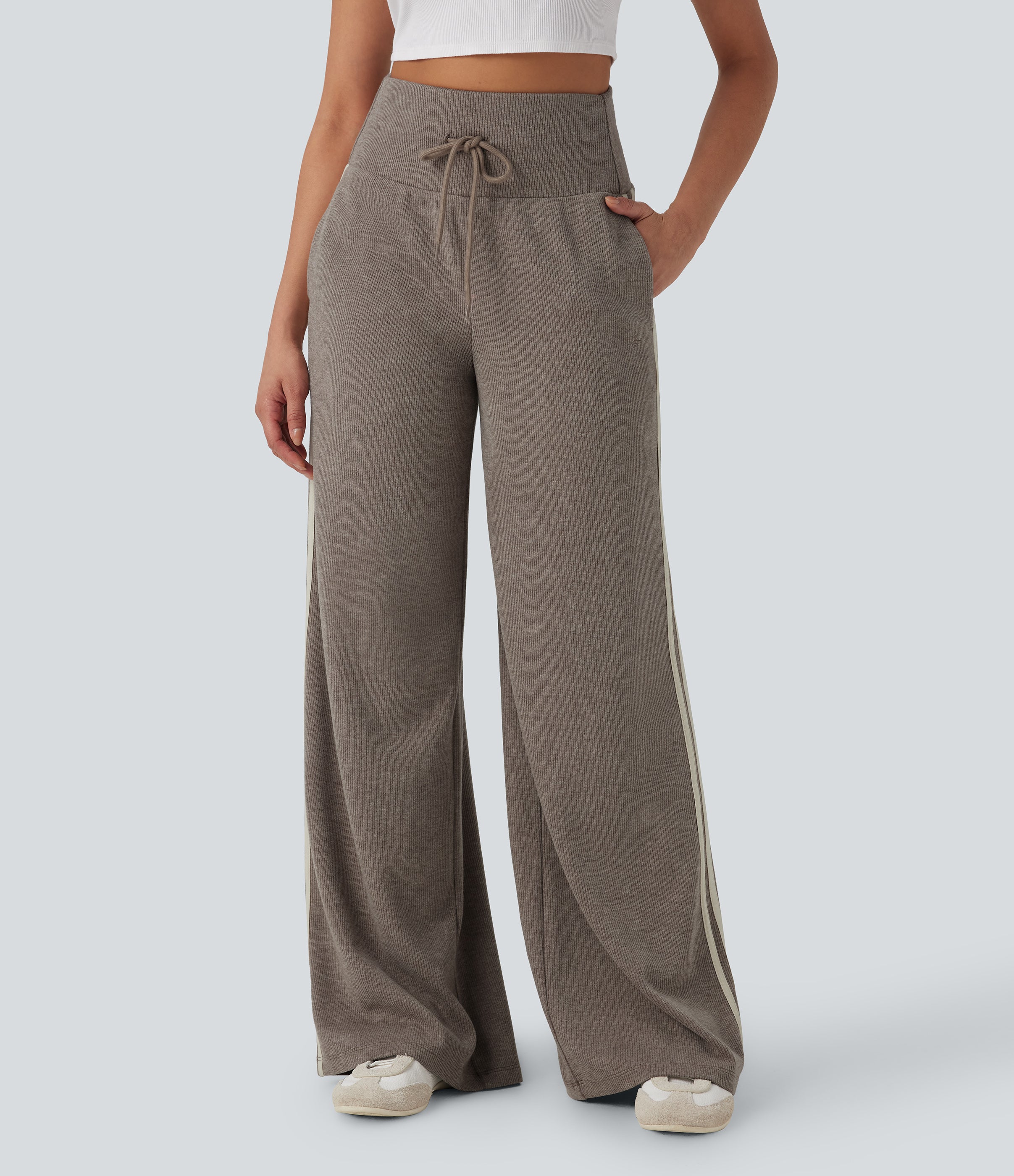 2026🔥 Ribbed SoCinched High Waisted Tummy Control Drawstring Wide Leg Color Block Casual Trousers with Pockets