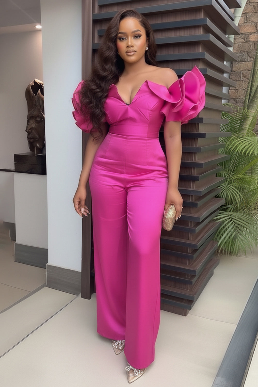 Off Shoulder Notch Neck Ruffle Party Straight Leg Jumpsuit-White