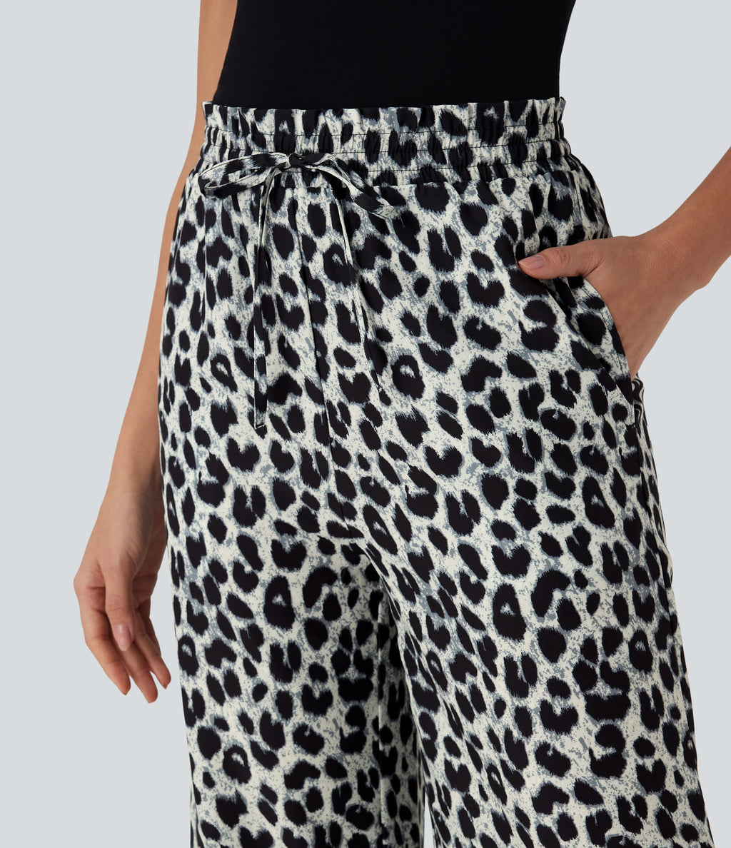 High Waisted Drawstring Leopard Print Wide Leg Capri Casual Pants with Pockets