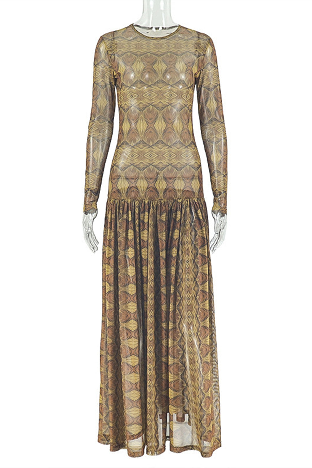 Round Neck All Over Print Long Sleeve Slim Fit Casual Maxi Dresses-Brown