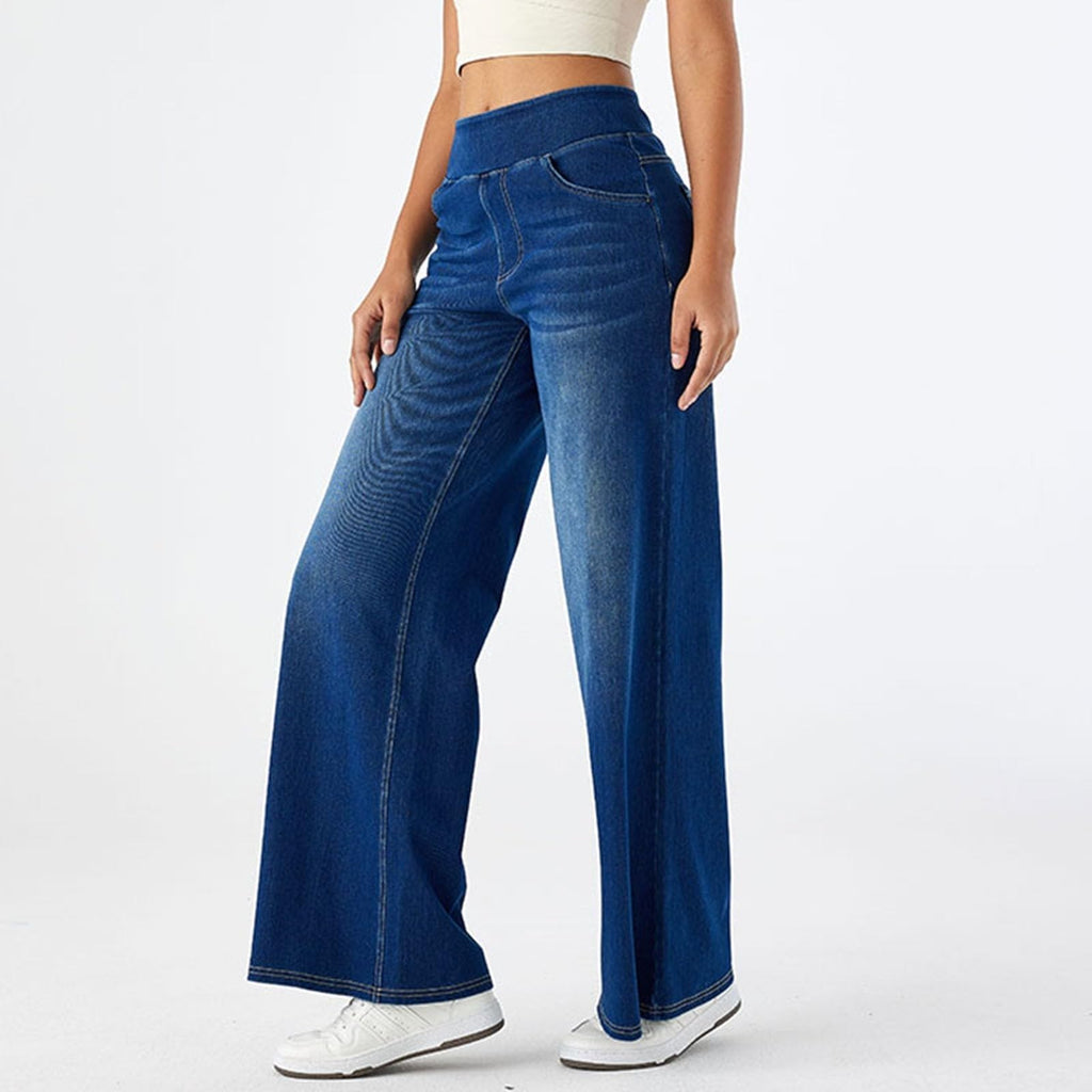 2026🔥 FlexTM High Waisted Multiple Pockets Baggy Wide Leg Washed Stretchy Knit Casual Jeans