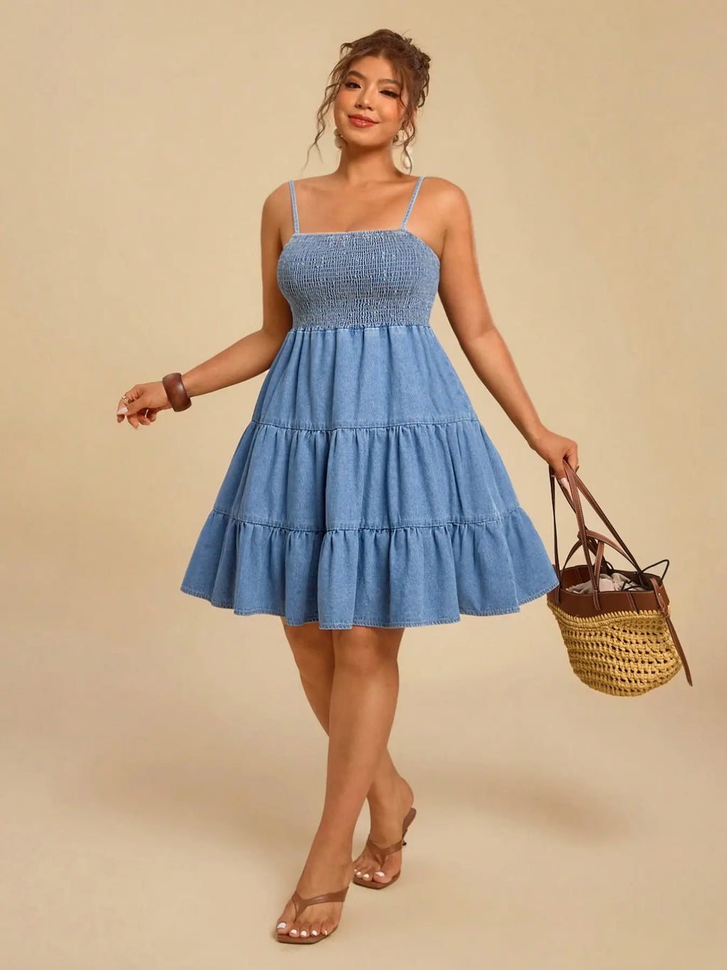 Women's Sweet Boho Style Plus Size Soft Denim Halter Dress, Thin Straps, Square Neck, Summer Floral Print, Fuzzy Denim Skirt