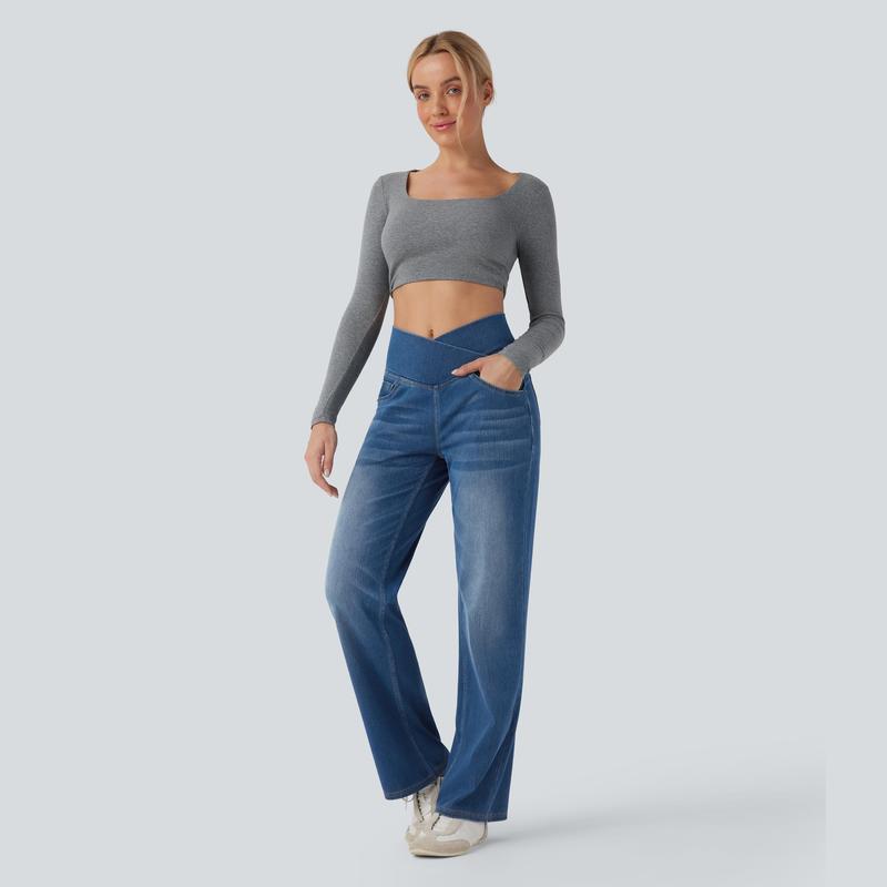 2026🔥 FlexTM High Waisted Multiple Pockets Baggy Wide Leg Washed Stretchy Knit Casual Jeans