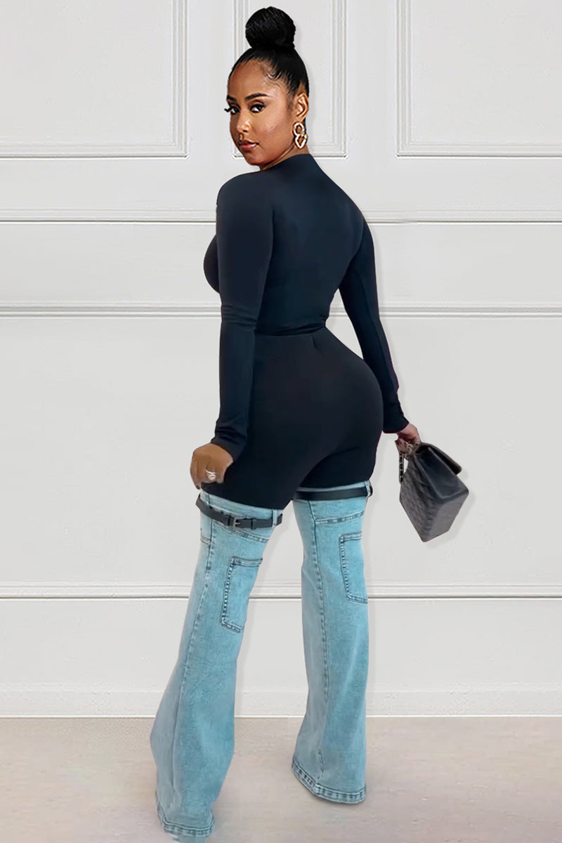 Long Sleeve Solid Bodycon Top Denim Patchwork Pocket Pants Matching Set-Black
