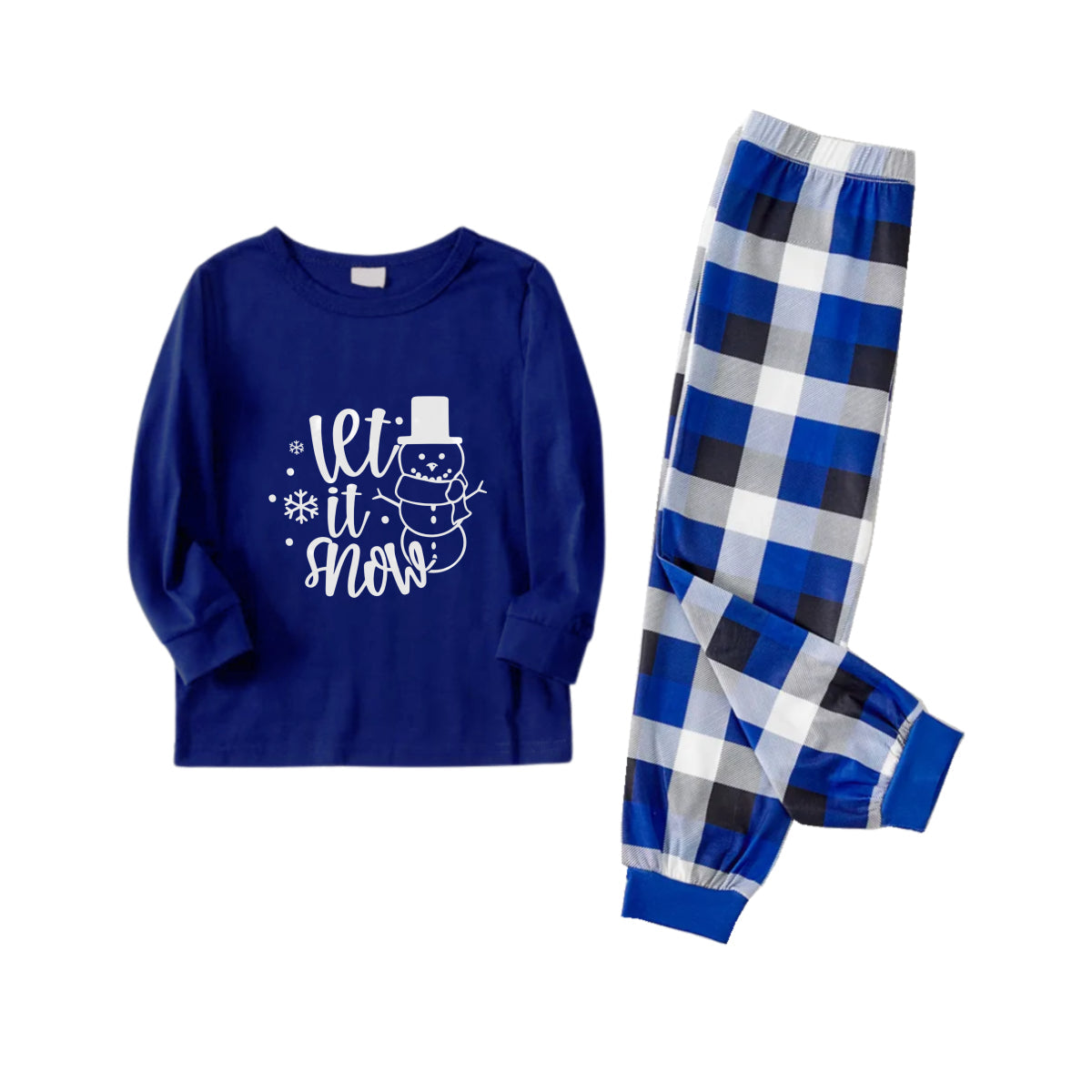 Christmas Family Matching Pajamas-Navy & White Plaid Pjs Set with Snowman and  "Let It Snow" Text Print