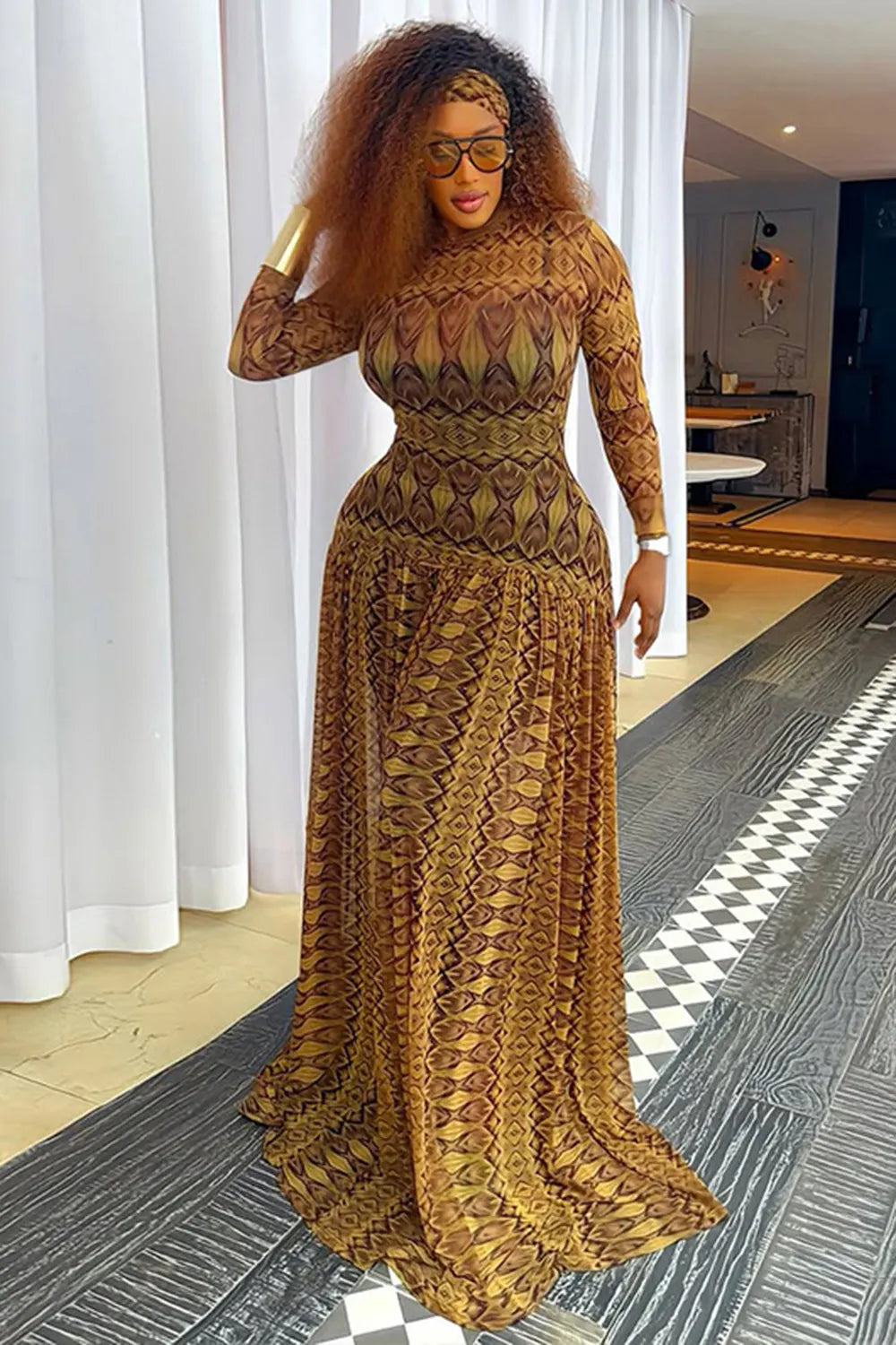 Round Neck All Over Print Long Sleeve Slim Fit Casual Maxi Dresses-Brown