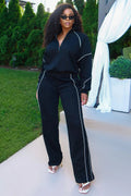 Contrast Line Half-Zip Sweatshirt Wide Leg Pants 2pcs Set-Black