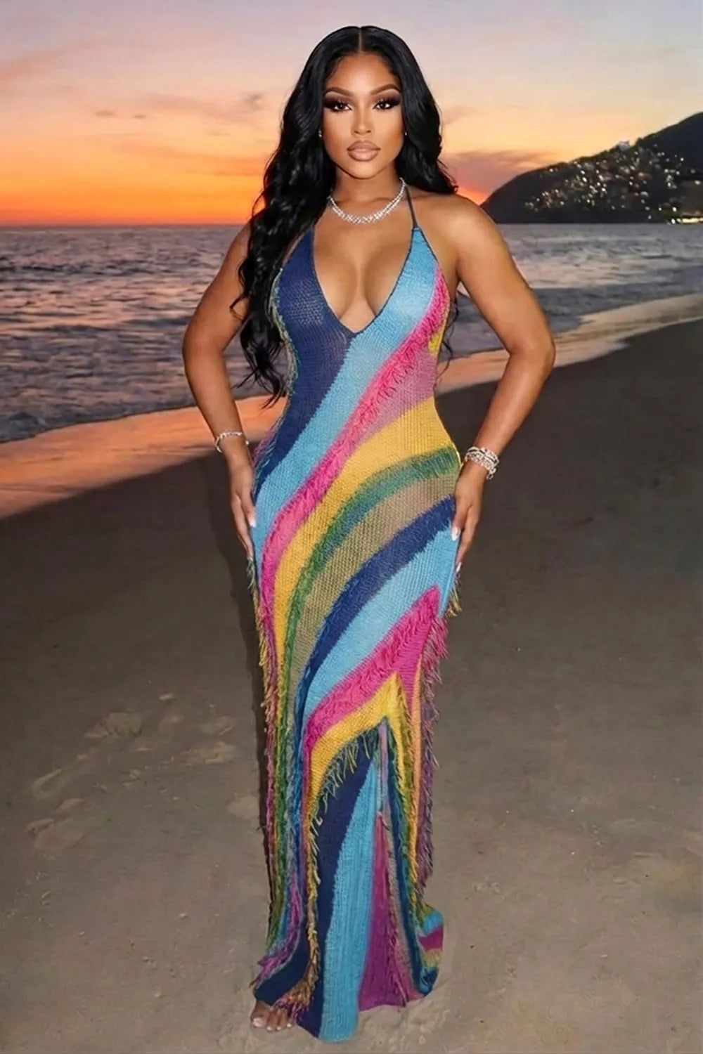 Halter Backless Colorblock Slim Vacation Maxi Dresses-Multicolor