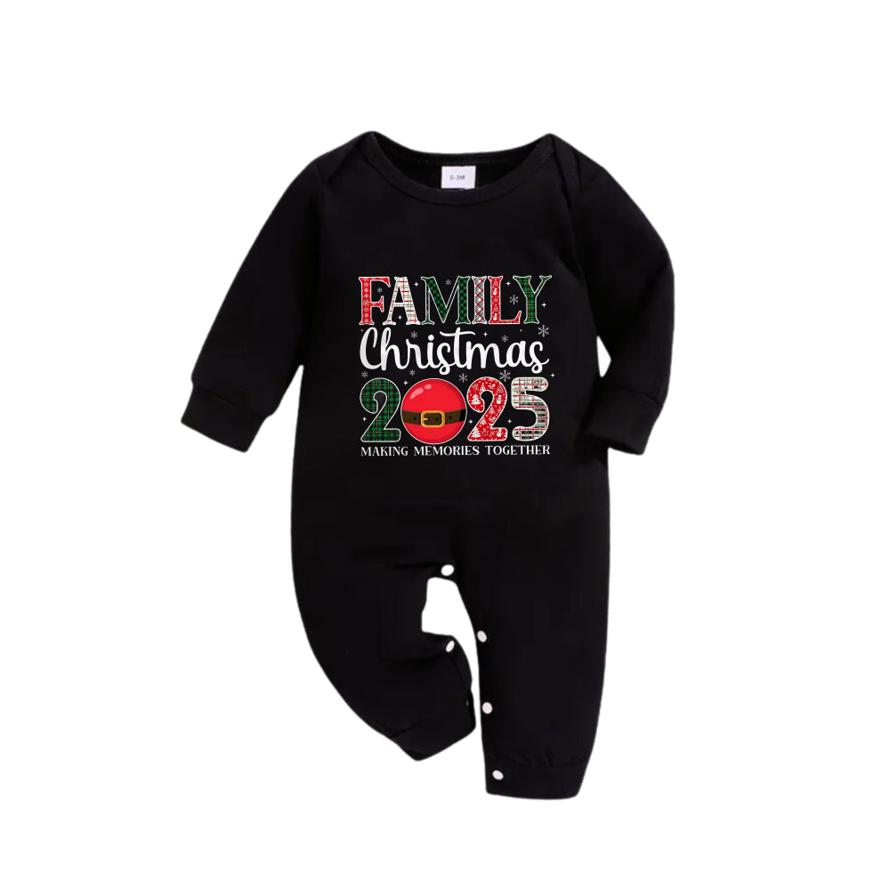 Christmas Family Matching Pajamas-Black Top and Green Plaid Pants Pjs Set with "Family Christmas 2025" Print