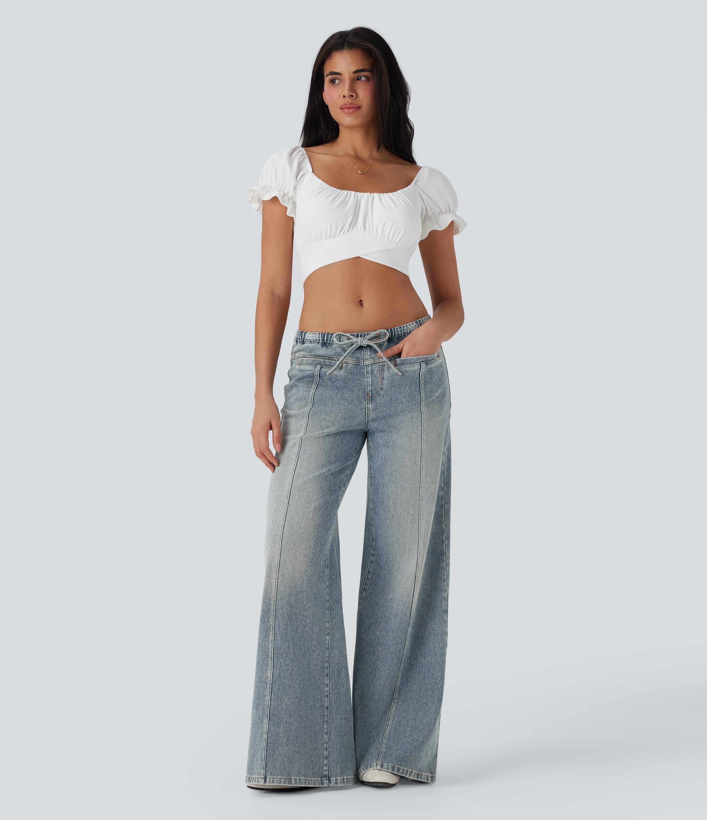 FlexTM Low Rise Drawstring Washed Casual Baggy Jeans with Pockets