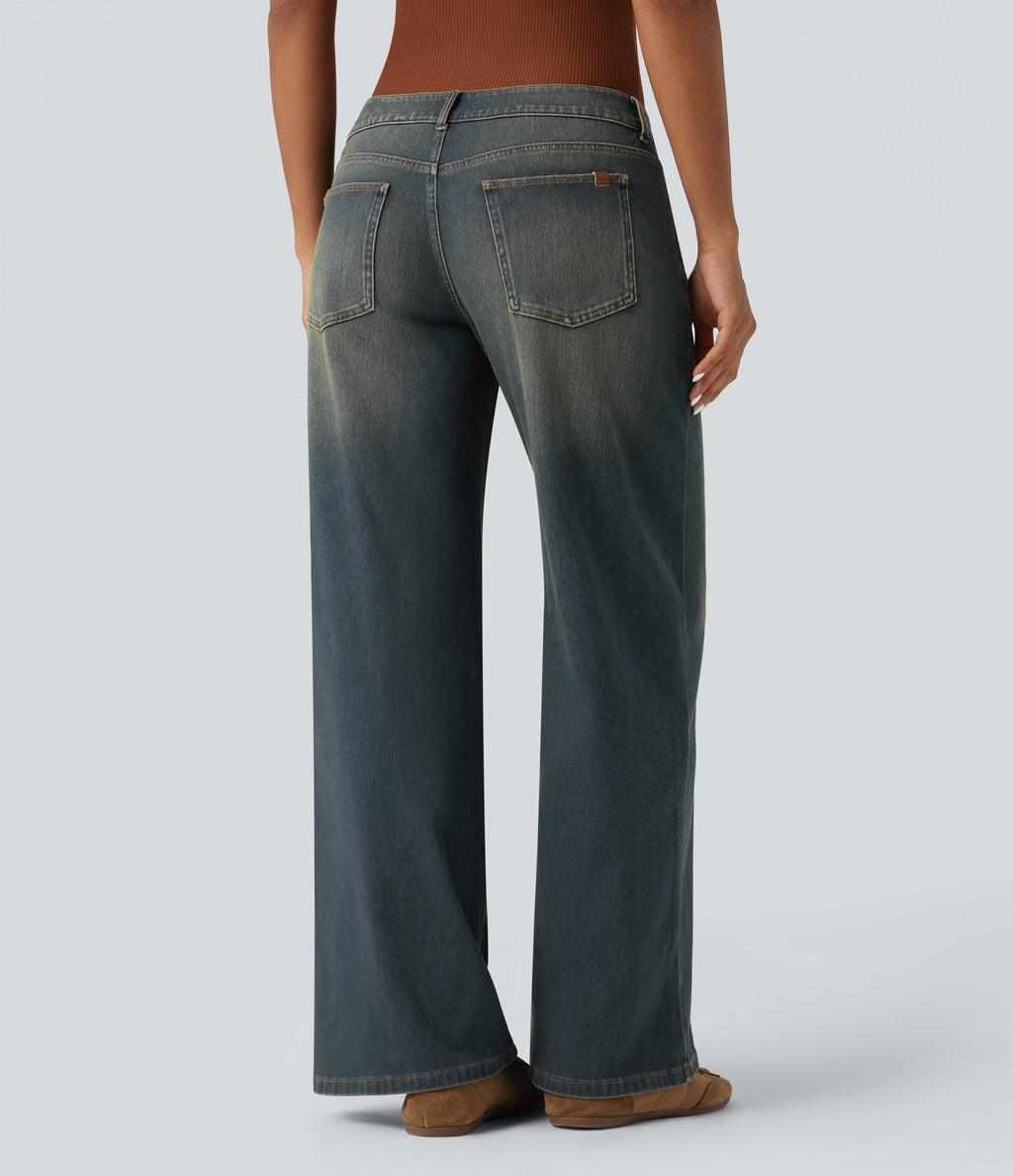 FlexTM Asymmetric Low Rise Zipper Pockets Baggy Wide Leg Washed Casual Jeans