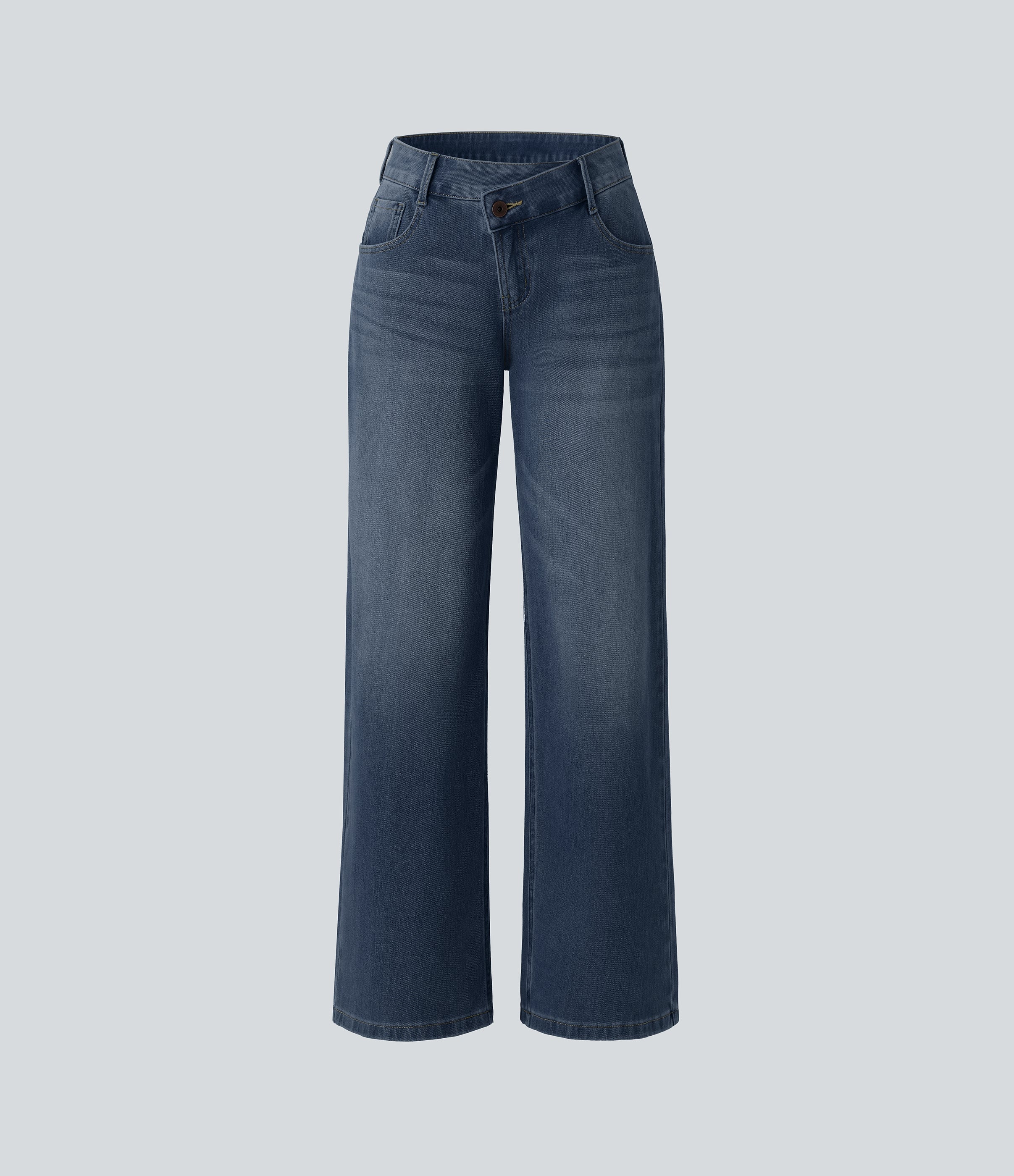 FlexTM Asymmetric Low Rise Zipper Pockets Baggy Wide Leg Washed Casual Jeans