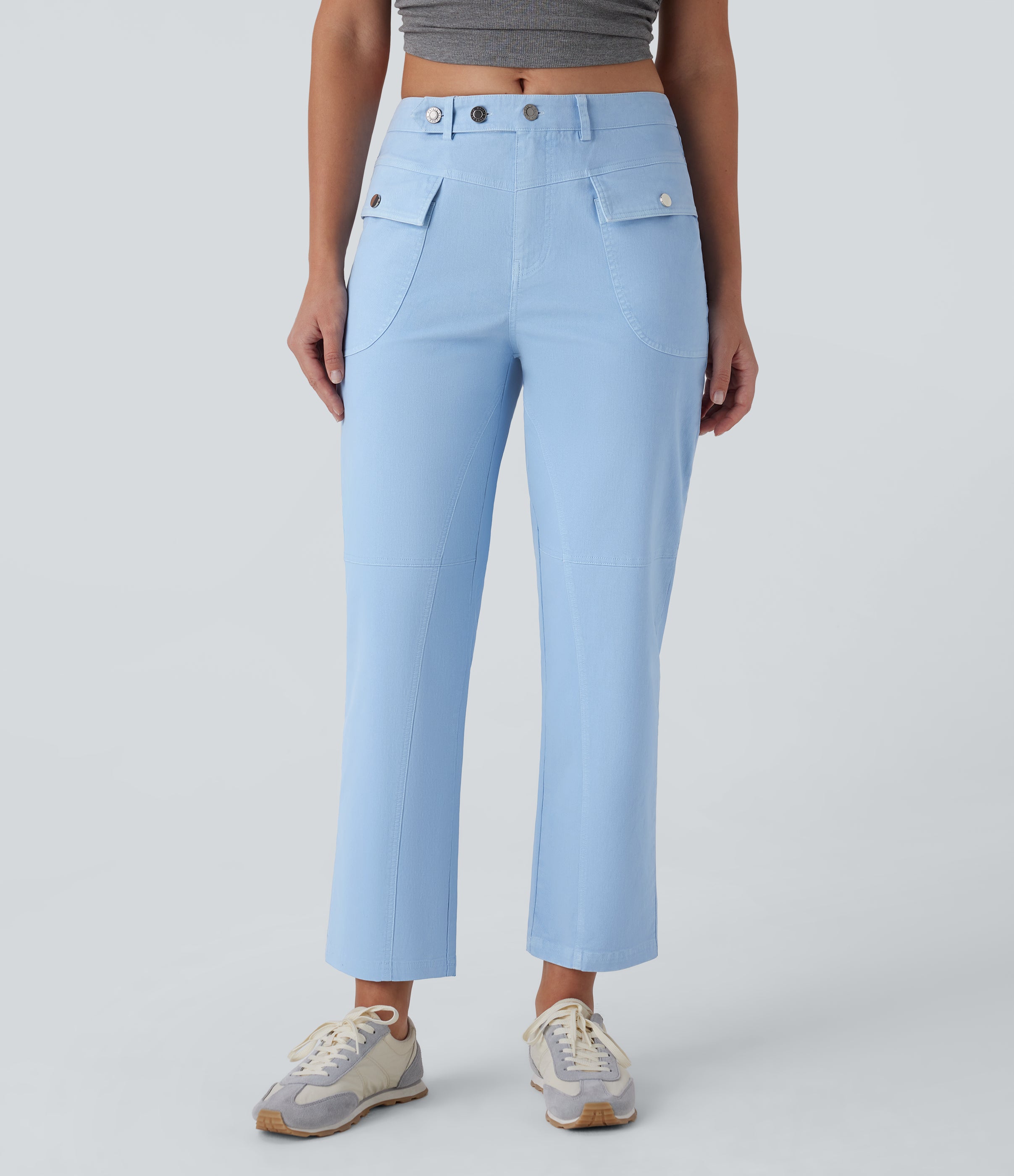 Mid Rise Straight Leg Cargo Casual Cotton Pants with Pockets