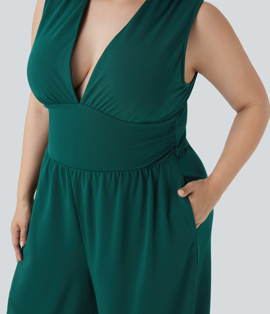 Plus Size V Neck Sleeveless Jumpsuit with Pockets-Easy Peezy Edition