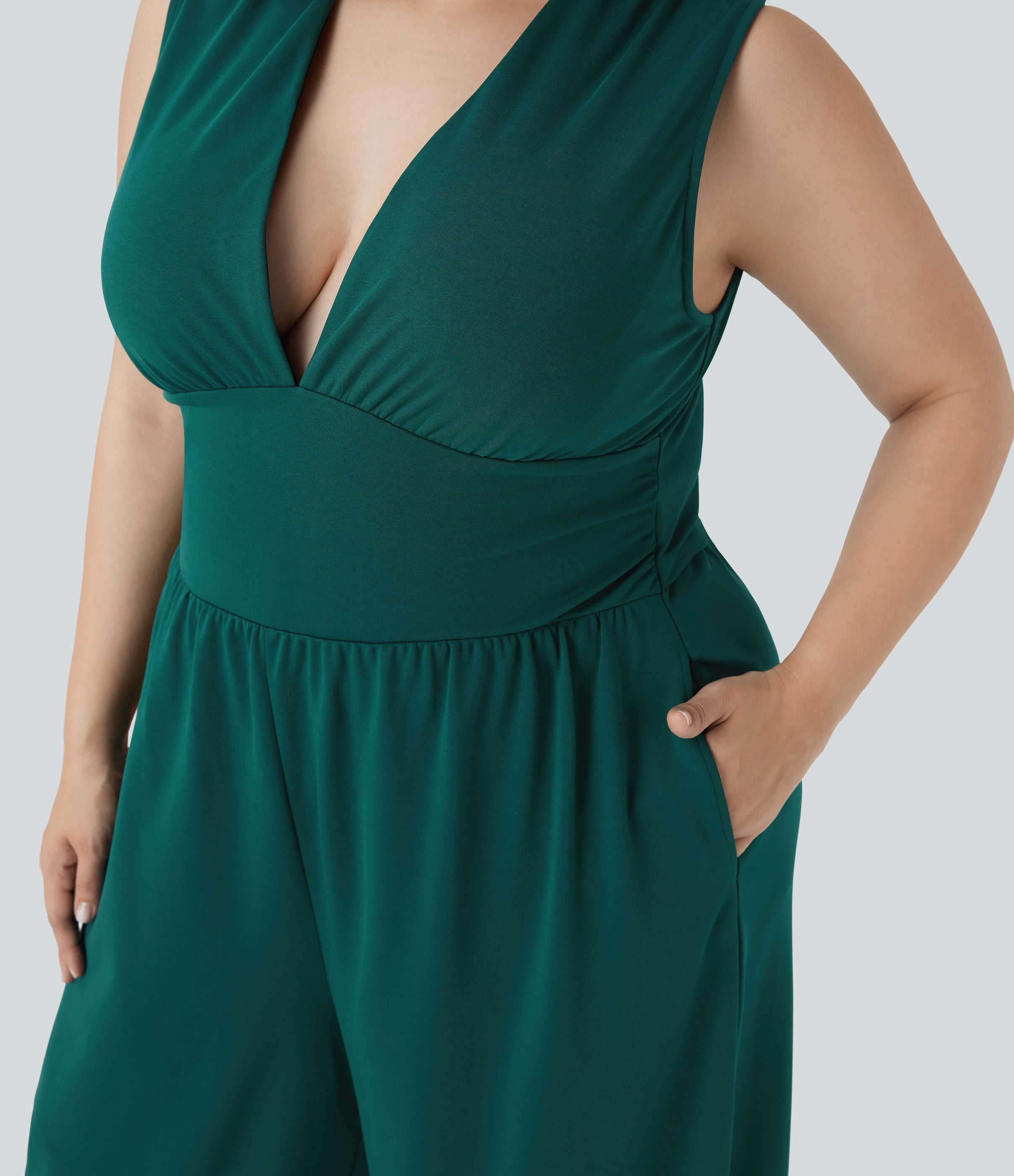 Plus Size V Neck Sleeveless Jumpsuit with Pockets-Easy Peezy Edition