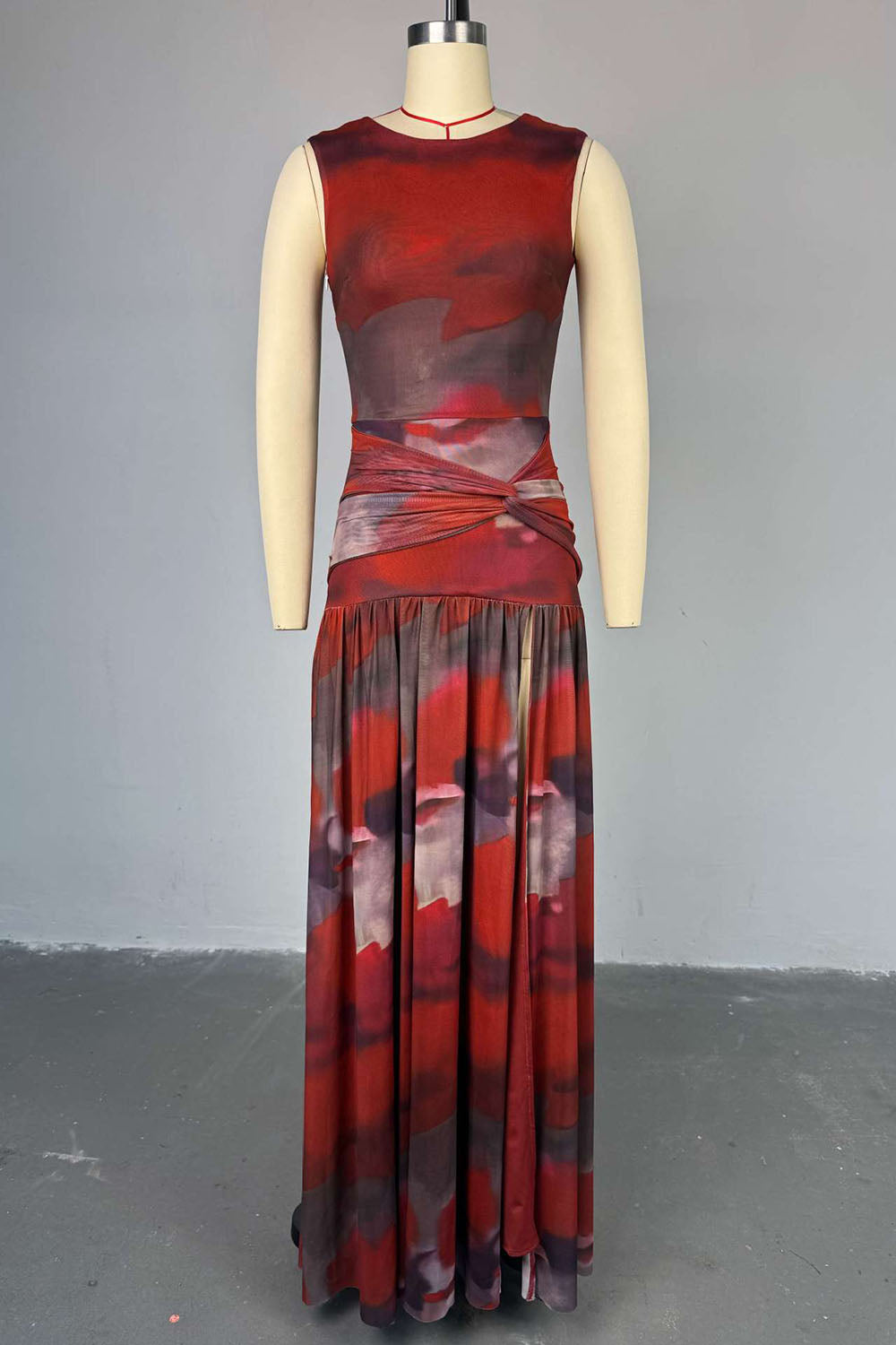 Twisted Decor Dropped Waist Print Patchwork Sleeveless Maxi Dresses-Red