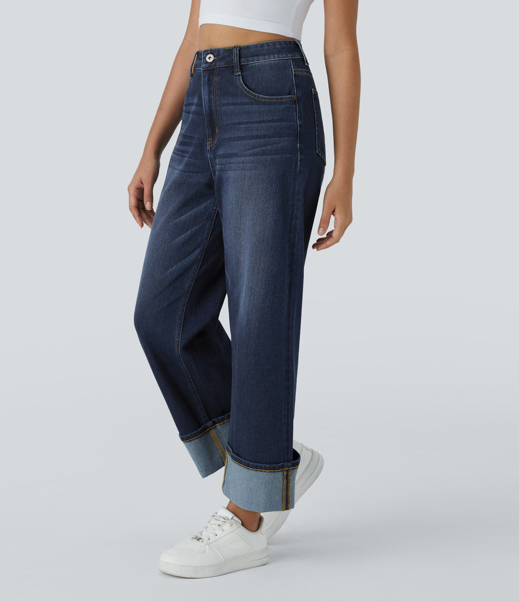 FlexTM High Waisted Multiple Pockets Rolled Hem Wide Leg Washed Stretchy Knit Casual Jeans