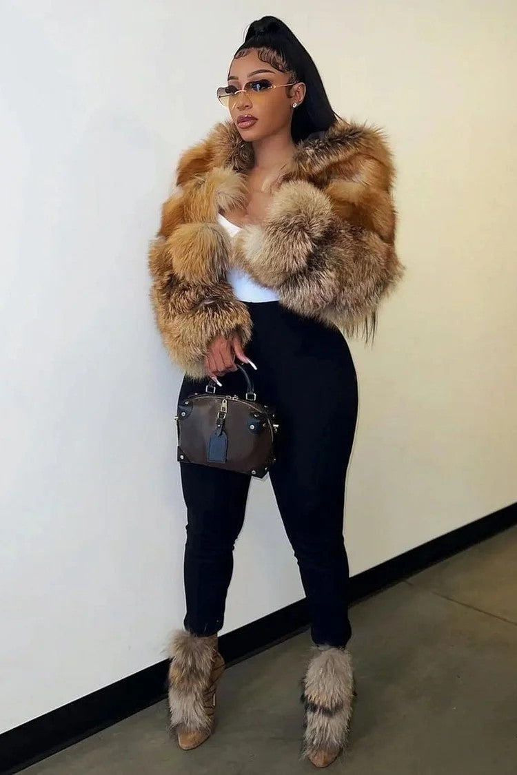 Ombre Faux Fur Zip-Up Hoodie Long Sleeve Crop Jacket-Red