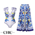 Lemon Blue Floral Print One-Piece Swimsuit&Skirt