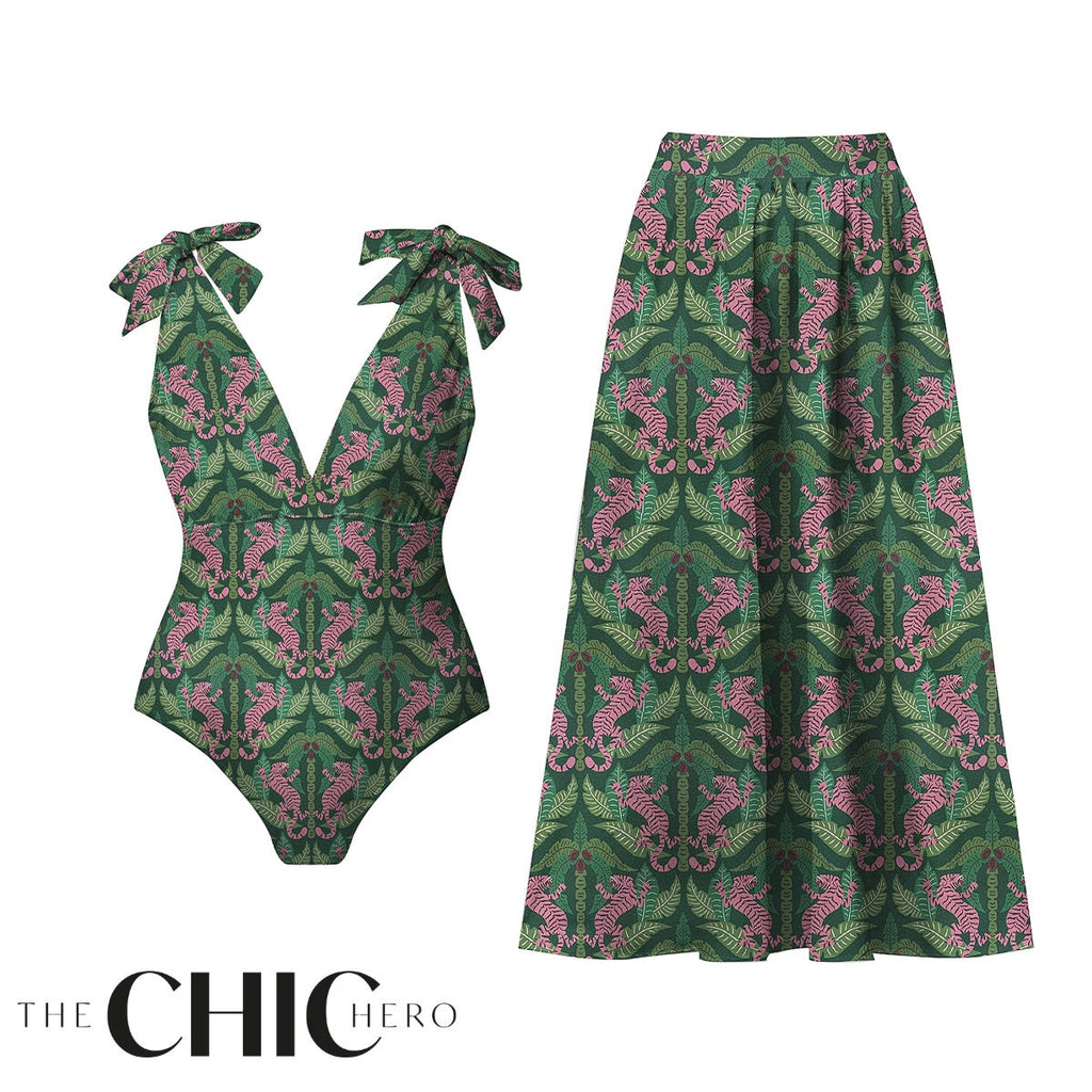 Dark Green Jungle Tiger Leaf Print One-Piece Swimsuit&Skirt