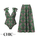 Dark Green Jungle Tiger Leaf Print One-Piece Swimsuit&Skirt