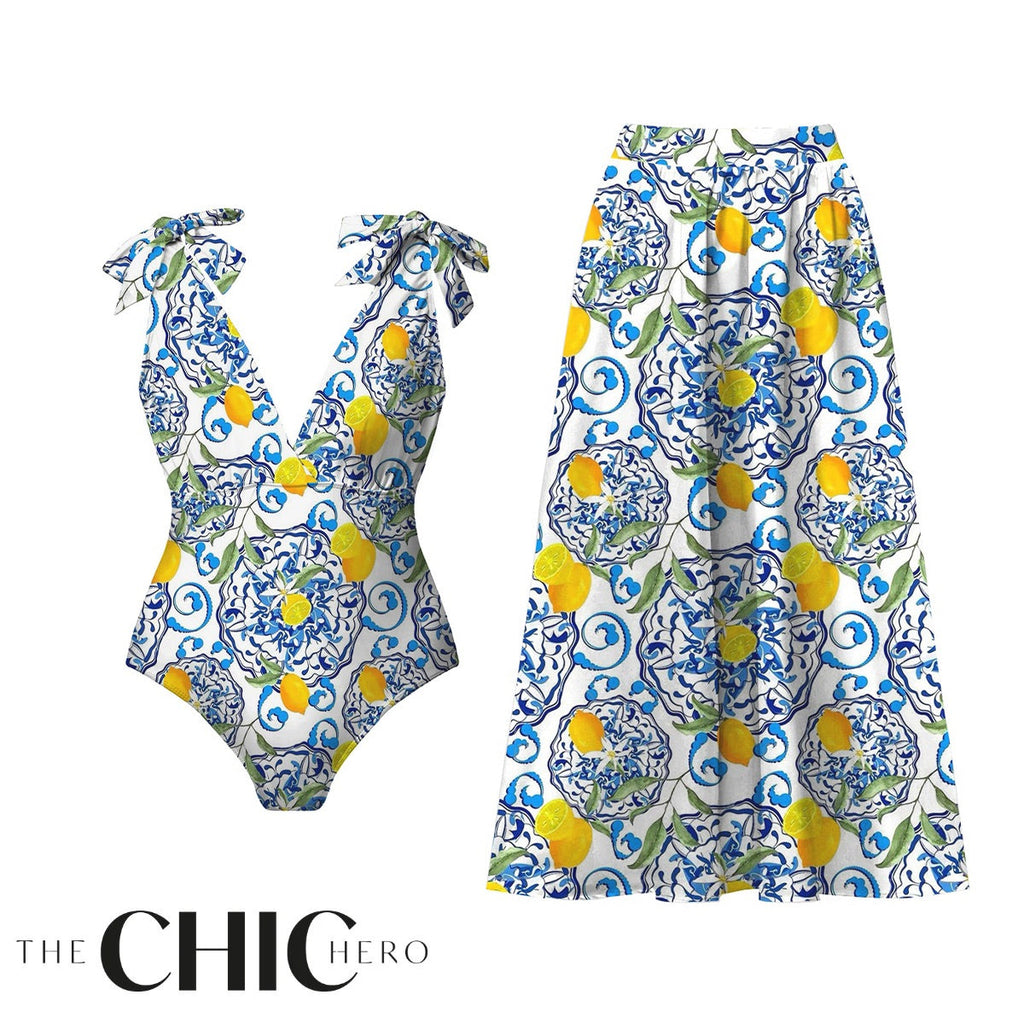 Lemon Motifs Blue Scrollwork Ornate Print One-Piece Swimsuit&Skirt