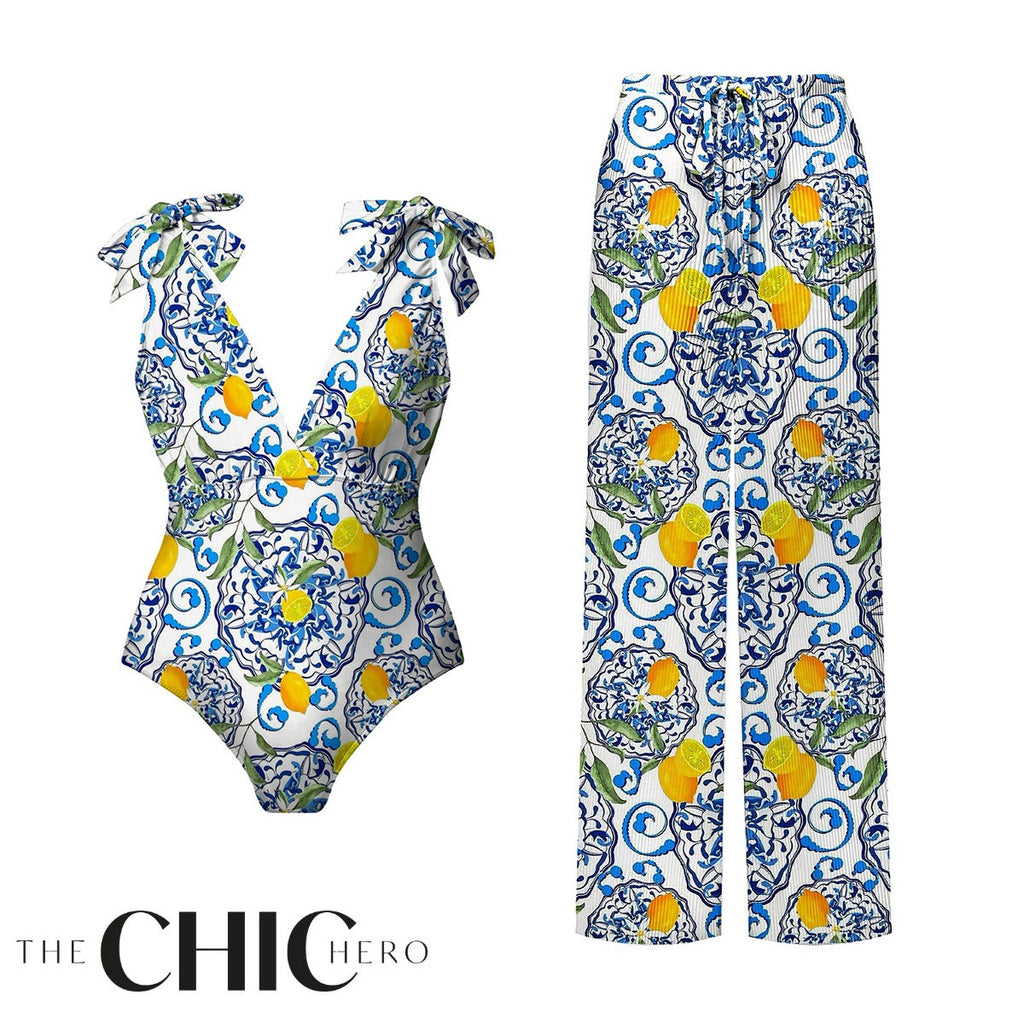 Lemon Motifs Blue Scrollwork Ornate Print One-Piece Swimsuit&Pants