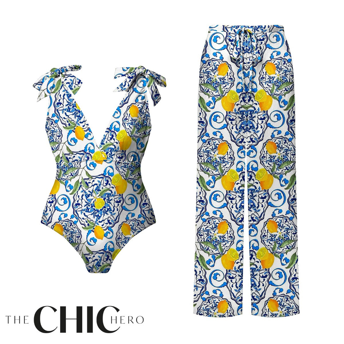 Lemon Motifs Blue Scrollwork Ornate Print One-Piece Swimsuit&Pants