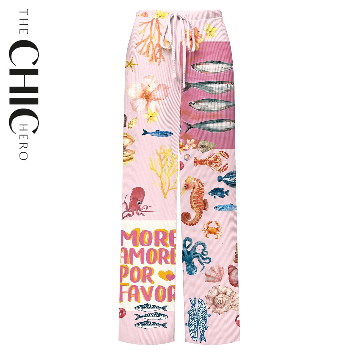 Ocean Love Pink Sea Life Print Drawstring Trousers Pleated Pants