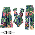 Green Parrot Tropical Exotic Flower Motifs One-Piece Swimsuit&Skirt&Pants