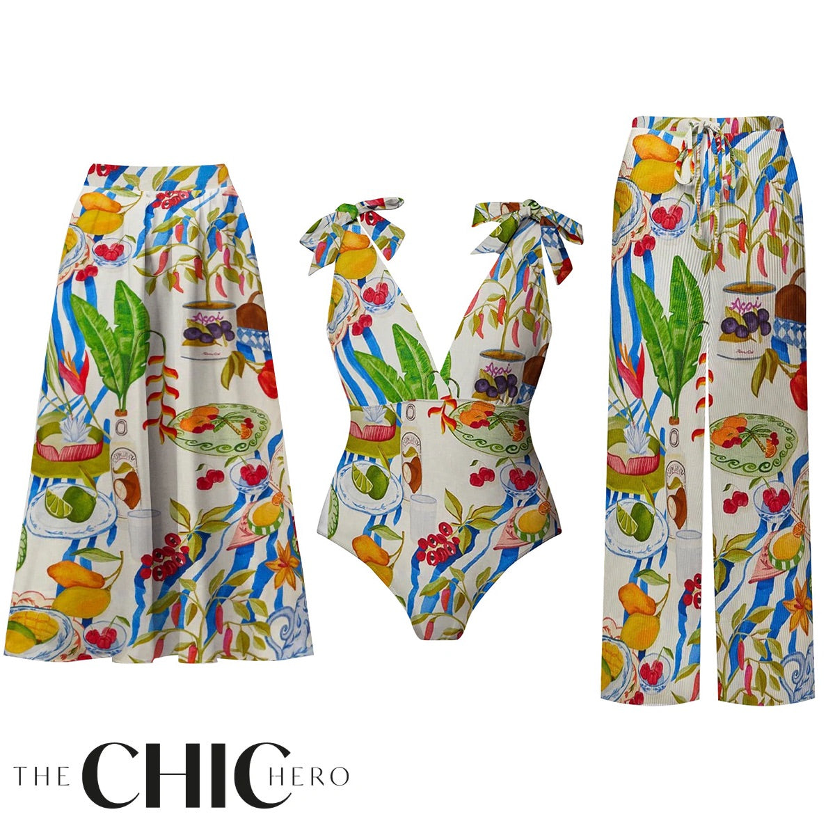 Fruit Food Patterned Colorful Tropical Feast Print One-Piece Swimsuit&Skirt&Pants
