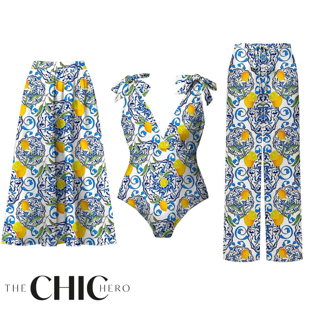 Lemon Motifs Blue Scrollwork Ornate Print One-Piece Swimsuit&Skirt&Pants