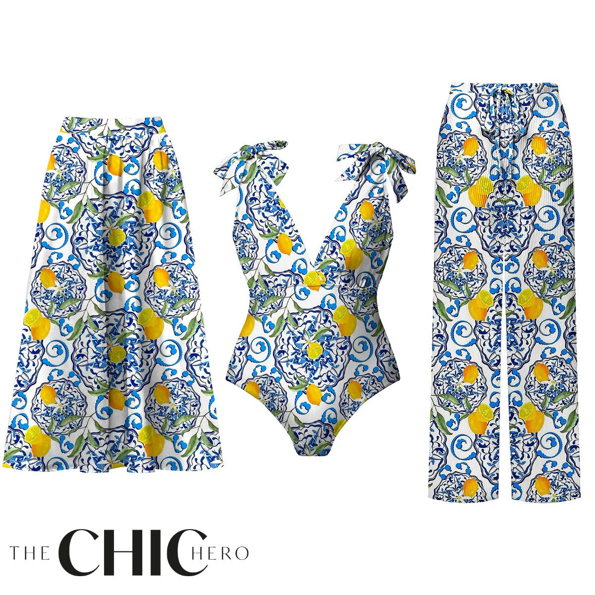 Lemon Motifs Blue Scrollwork Ornate Print One-Piece Swimsuit&Skirt&Pants