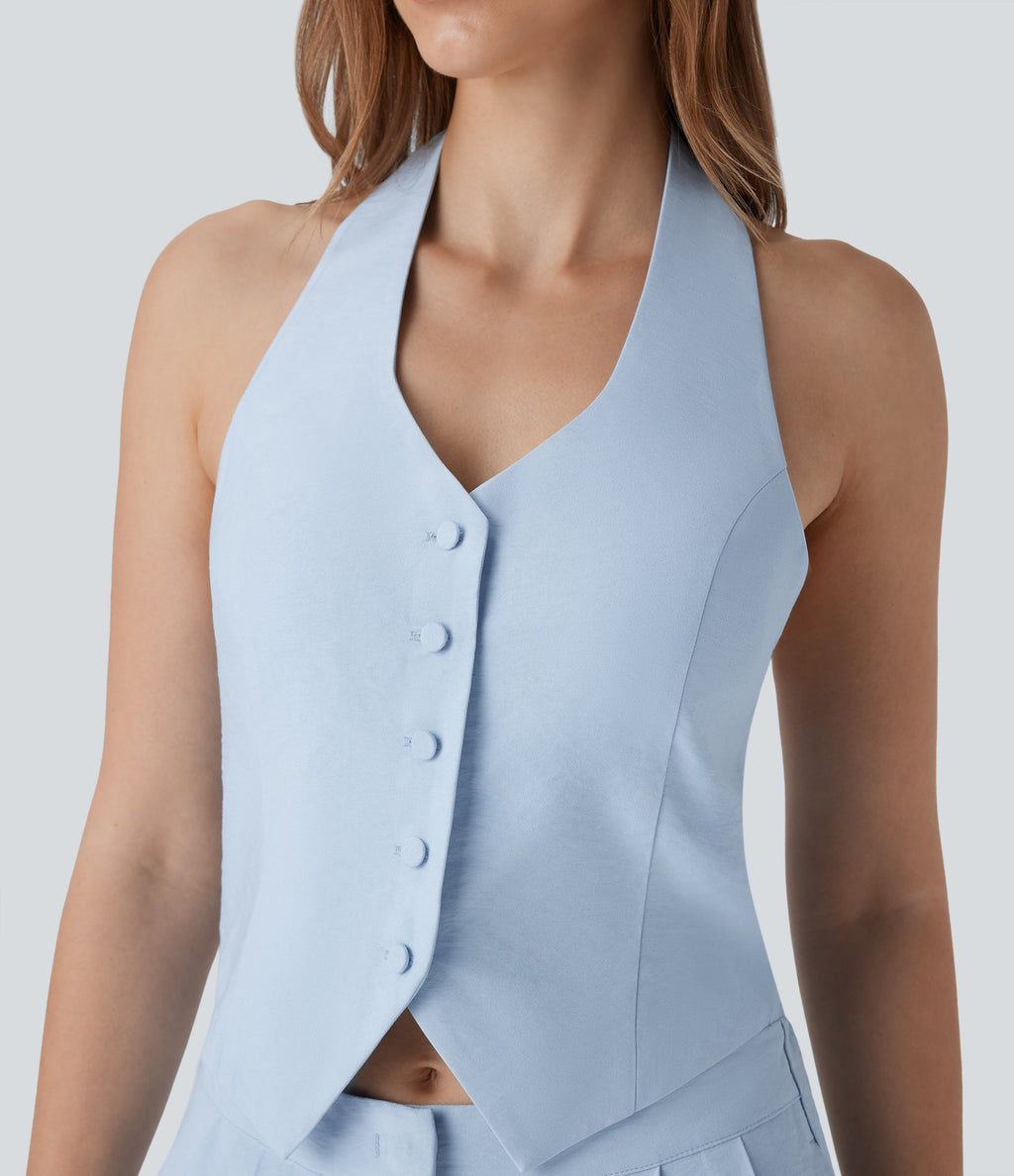 Halter Shirred Wide Leg Work Jumpsuit with Pockets