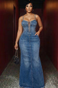 Denim Spaghetti Strap Lace Up Raw Edge Casual Maxi Dresses-Blue