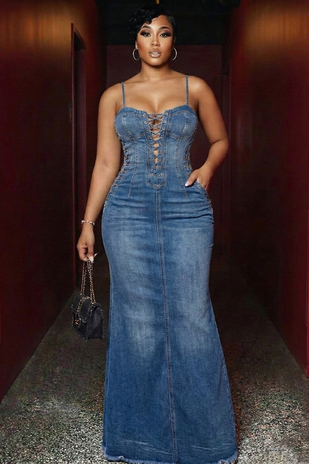 Denim Spaghetti Strap Lace Up Raw Edge Casual Maxi Dresses-Blue