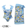 Blue Retro Lemon Florals One-Piece Swimsuit&Skirt