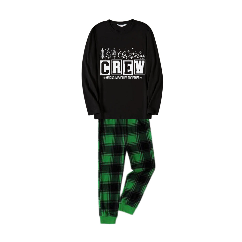 Christmas Family Matching Pajamas-Black Top and Green Plaid Pants Pjs Set with "Christmas Crew Making Memories Together " Print