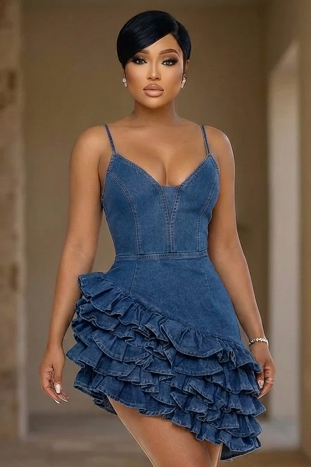 Denim Spaghetti Strap 3D Ruched Hem Party Mini Dresses-Blue