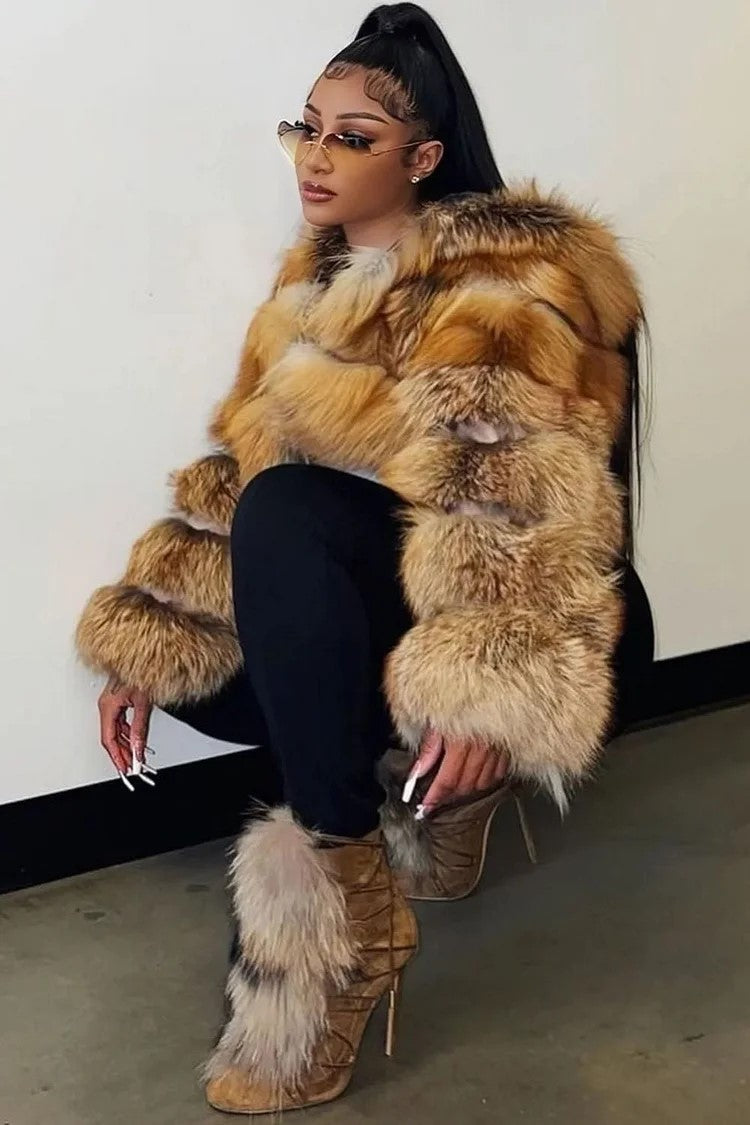 Ombre Faux Fur Zip-Up Hoodie Long Sleeve Crop Jacket-Red