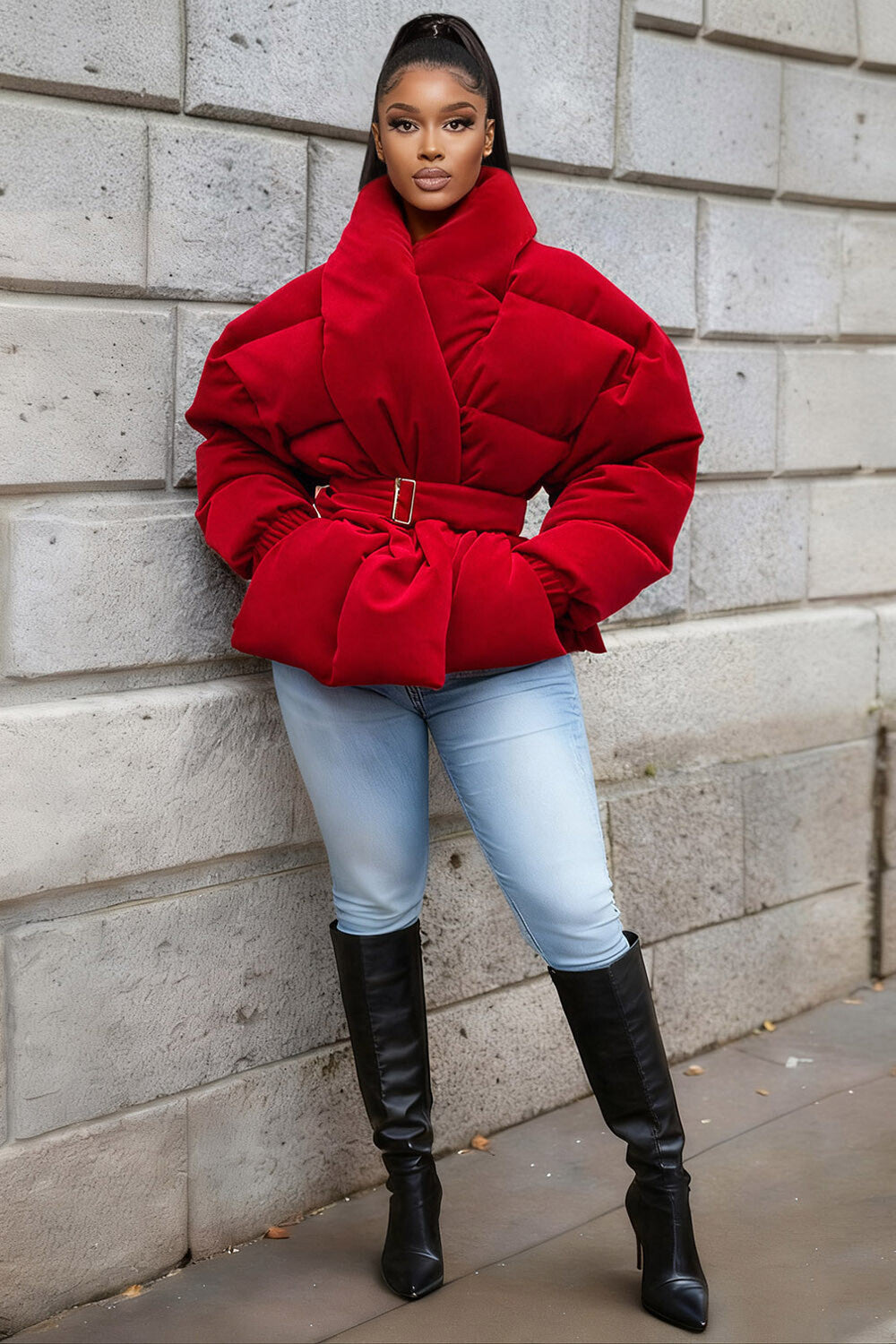 High Neck Long Sleeve Solid Color Crop Padded Coat-Black