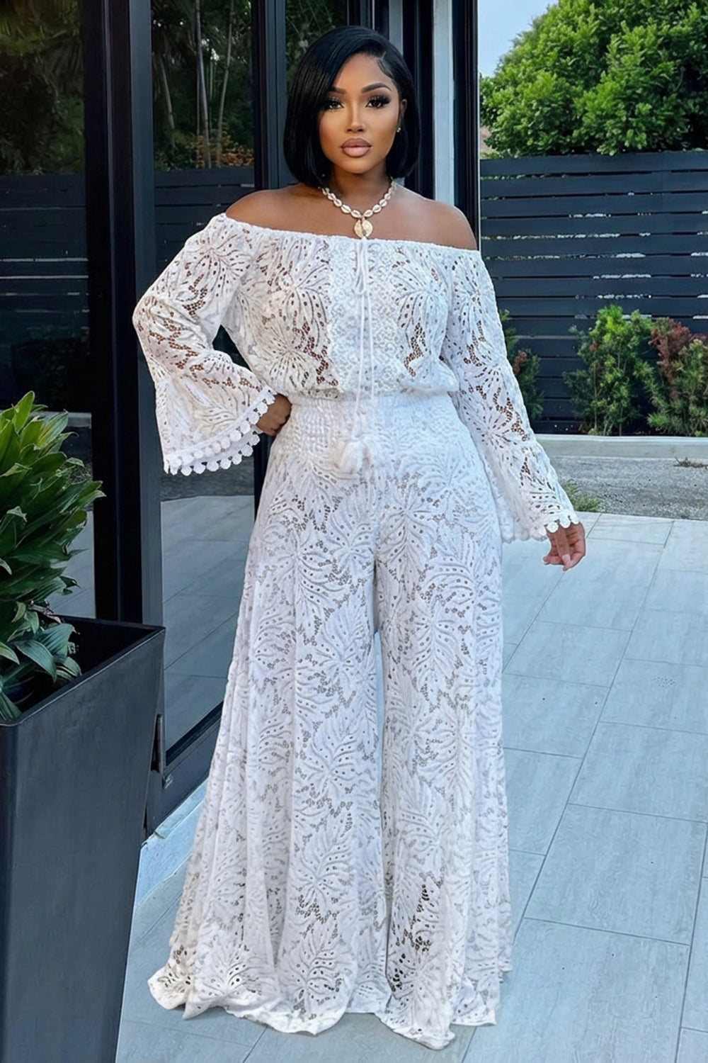Off Shoulder Flare Sleeve Wide Leg Guipure Lace Jumpsuit-White