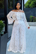 Off Shoulder Flare Sleeve Wide Leg Guipure Lace Jumpsuit-White