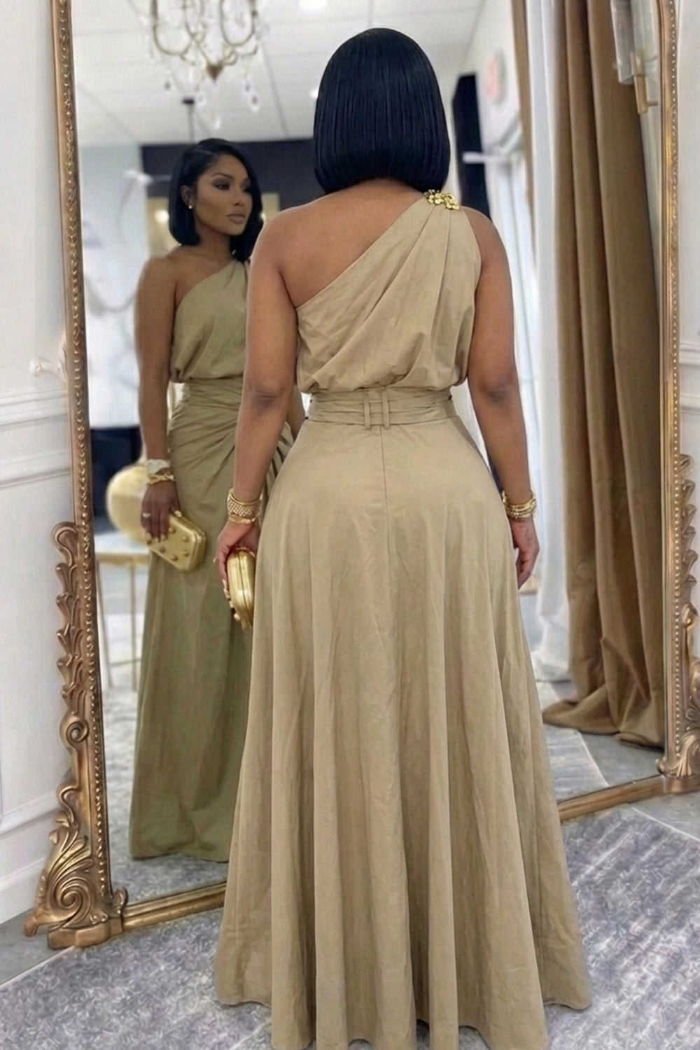One Shoulder Sleeveless Crop Top Ruched Maxi Skirt 2pcs Set-Khaki
