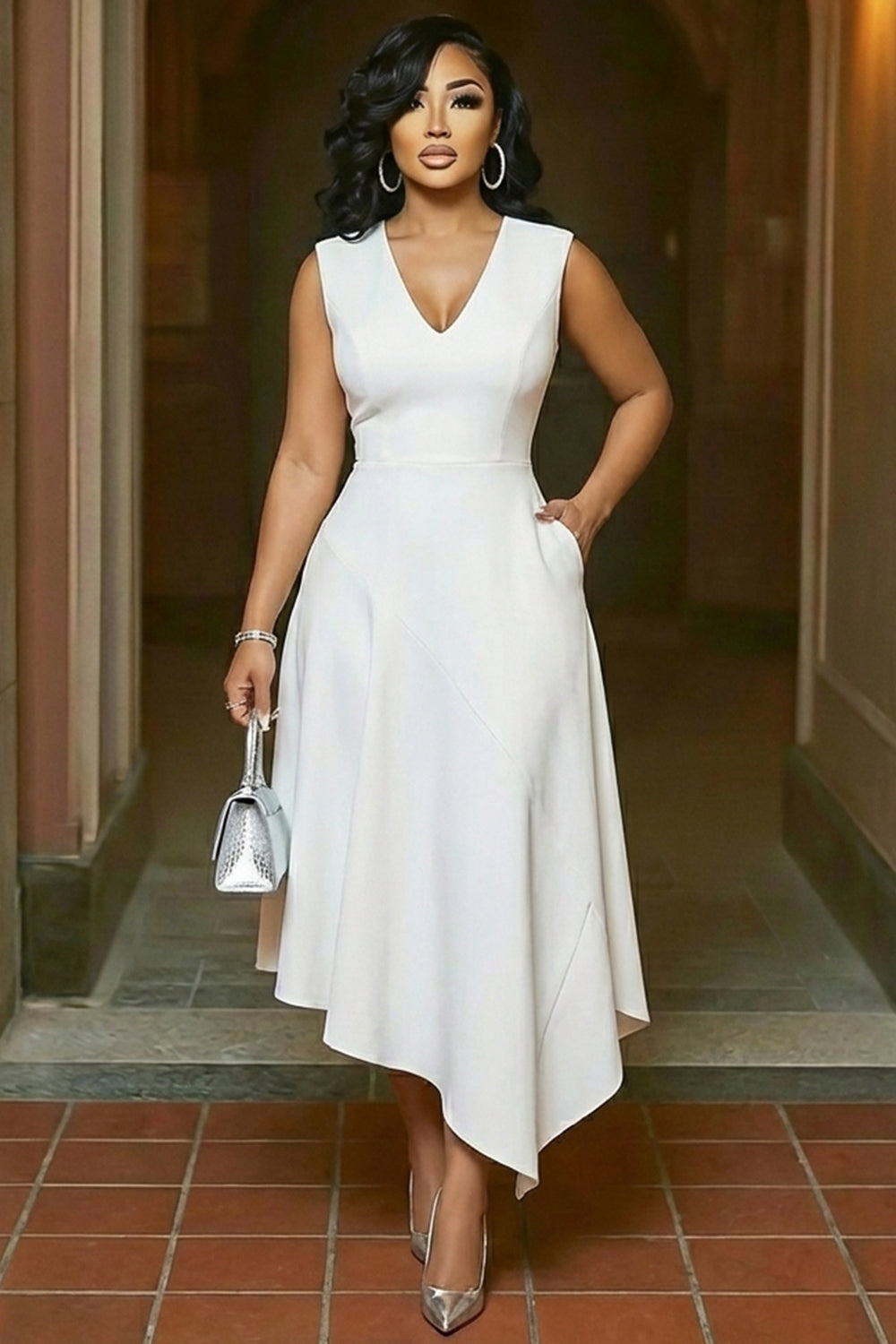 Deep V Neck Cinch Waist Pocket Irregular Hem Maxi Dresses-White