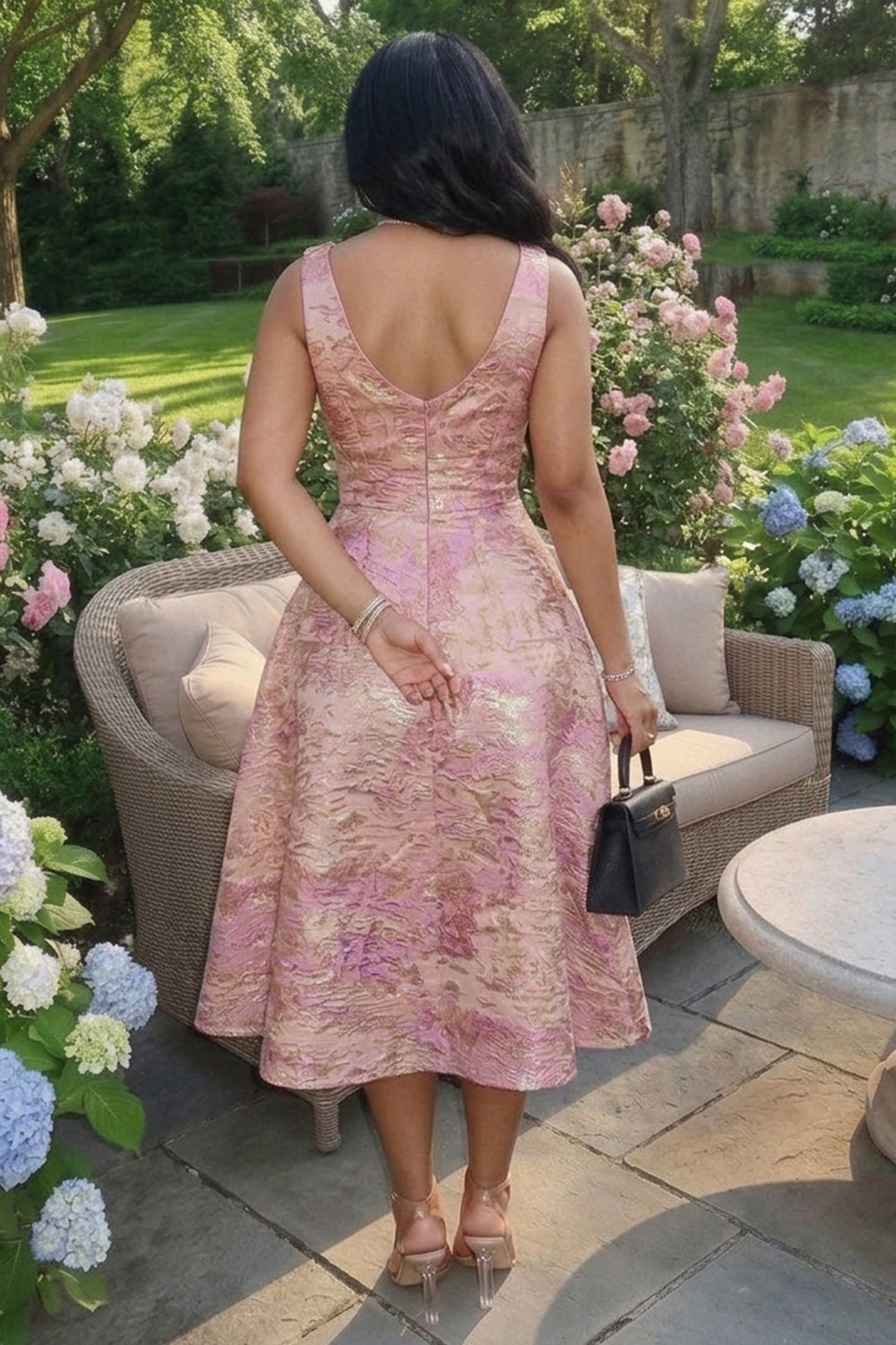 Deep V Neck Sleeveless Jacquard Bouffant Gowns Midi Dresses-Pink