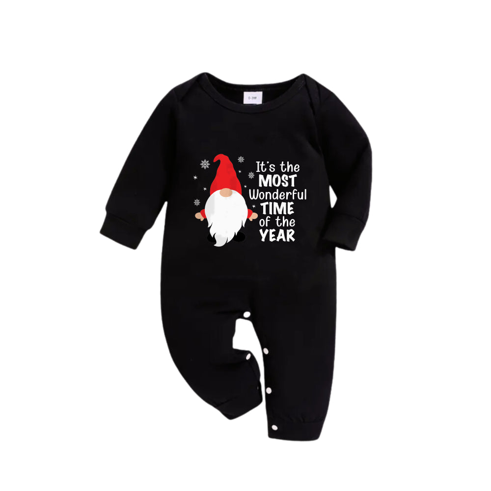 Christmas Family Matching Pajamas-Black Top and Green Plaid Pants Pjs Set with Cute Gnome and Christmas Slogan Print
