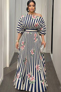 One Shoulder Cinch Waist Striped Floral Print Maxi Dresses-Navy