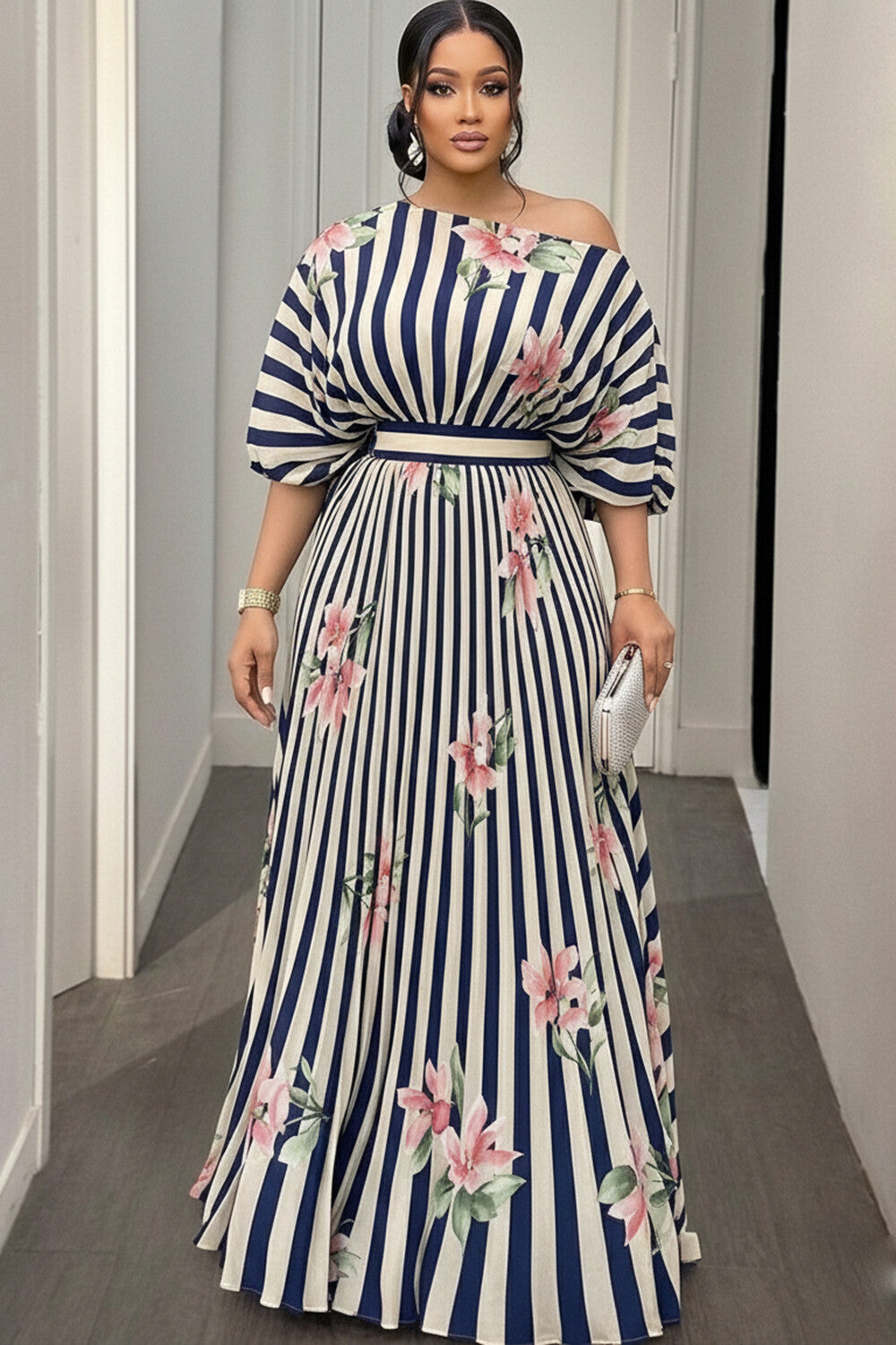 One Shoulder Cinch Waist Striped Floral Print Maxi Dresses-Navy